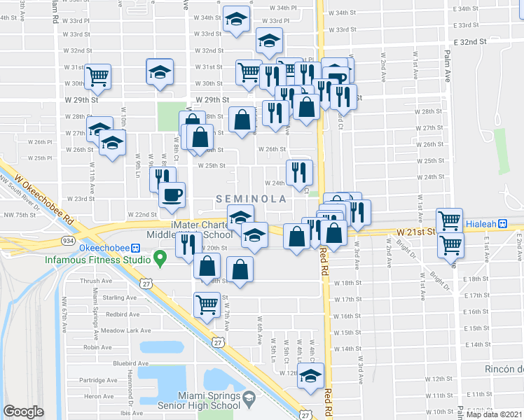 map of restaurants, bars, coffee shops, grocery stores, and more near 2210 West 5th Way in Hialeah