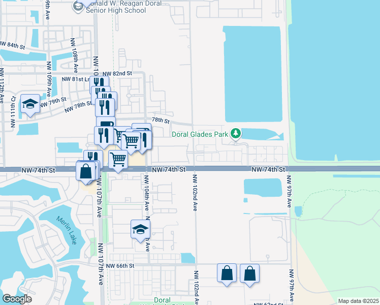 map of restaurants, bars, coffee shops, grocery stores, and more near 7500 Northwest 102nd Avenue in Doral