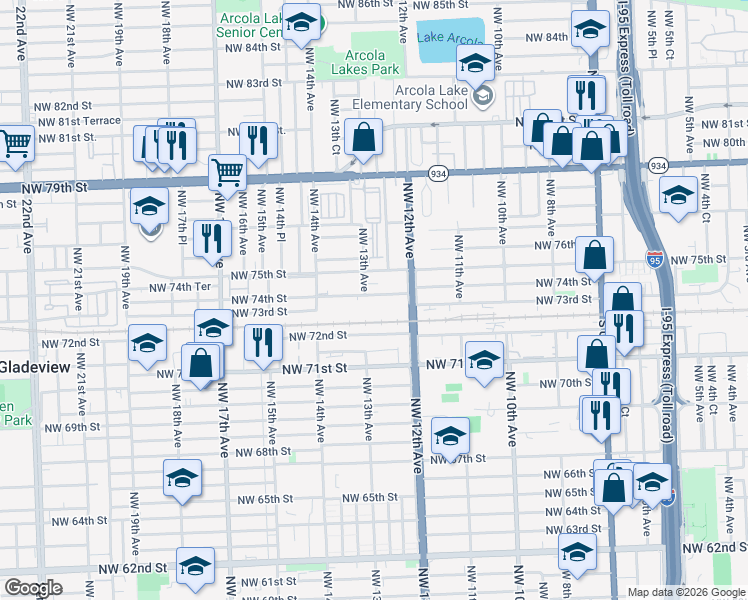 map of restaurants, bars, coffee shops, grocery stores, and more near 1280 Northwest 74th Street in Miami