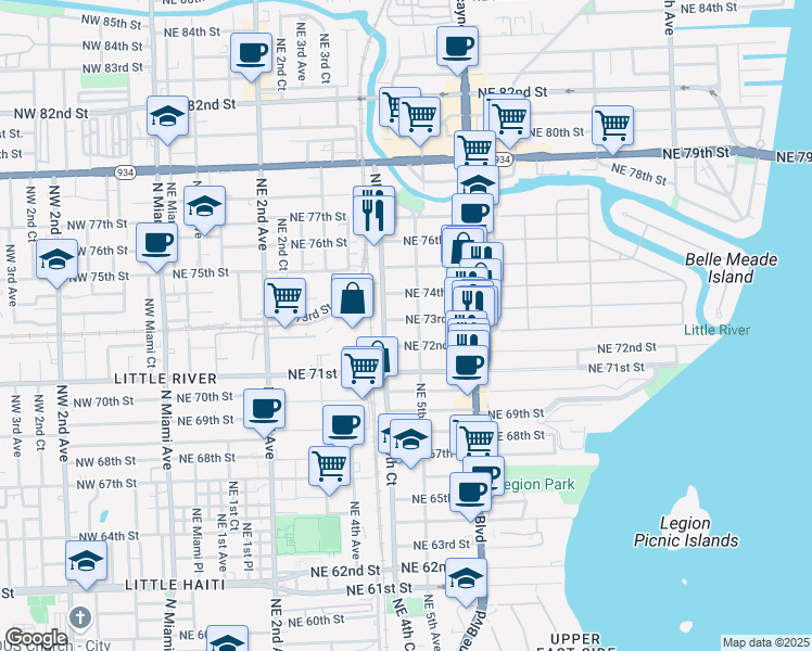 map of restaurants, bars, coffee shops, grocery stores, and more near 448 Northeast 73rd Street in Miami