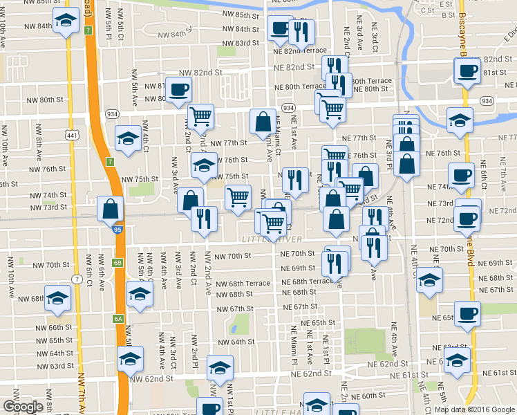 map of restaurants, bars, coffee shops, grocery stores, and more near 7252 Northwest Miami Court in Miami