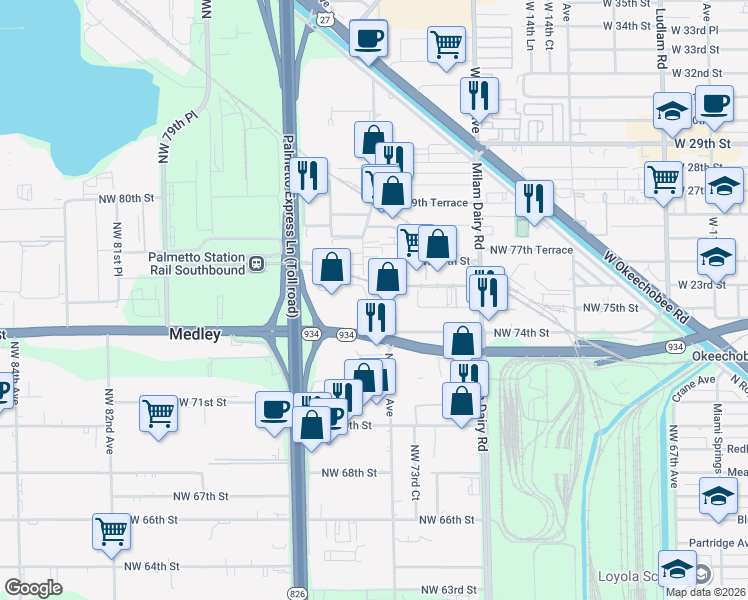 map of restaurants, bars, coffee shops, grocery stores, and more near 7525 Northwest 74th Avenue in Medley