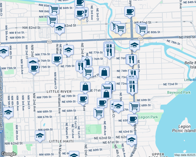 map of restaurants, bars, coffee shops, grocery stores, and more near 355 Northeast 72nd Terrace in Miami