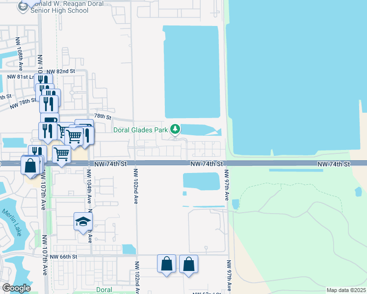map of restaurants, bars, coffee shops, grocery stores, and more near 7509 Northwest 99 Avenue in Doral