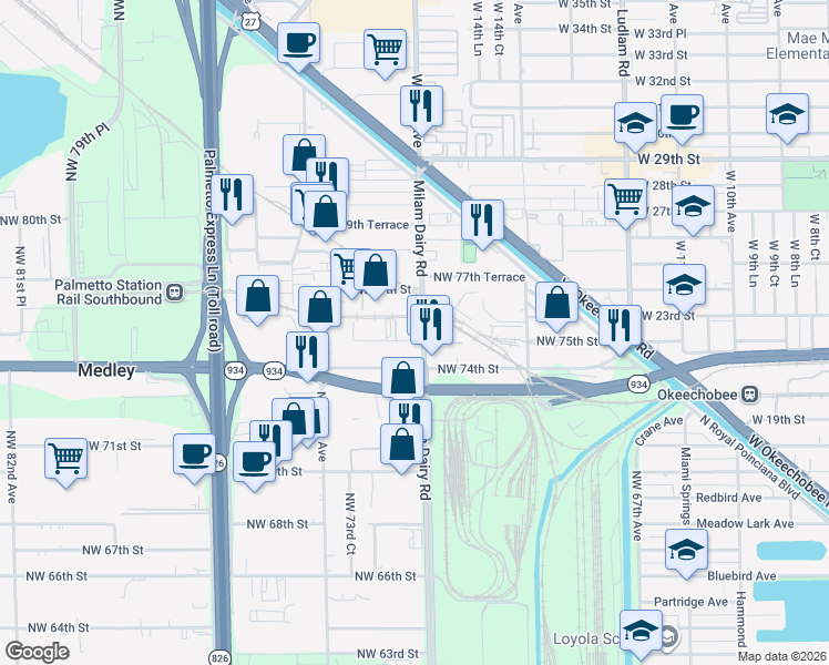 map of restaurants, bars, coffee shops, grocery stores, and more near 7514 Northwest 72nd Avenue in Medley