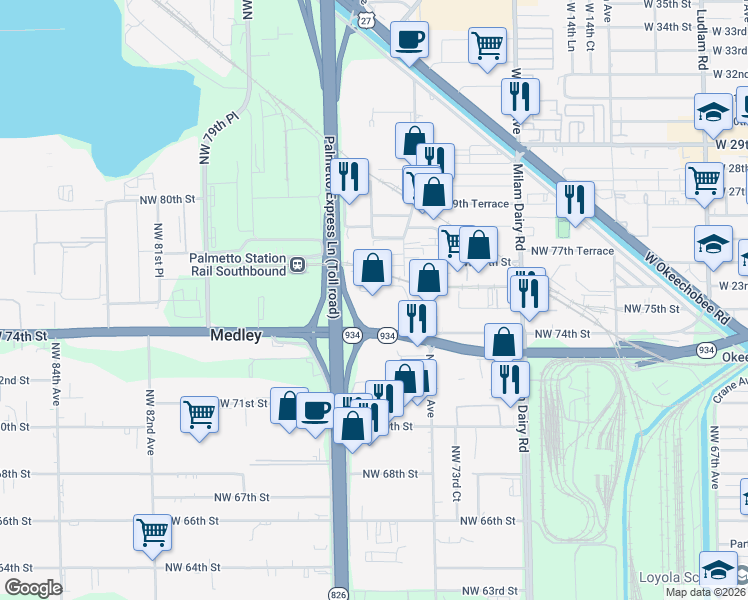 map of restaurants, bars, coffee shops, grocery stores, and more near 7580 Northwest 74th Avenue in Medley