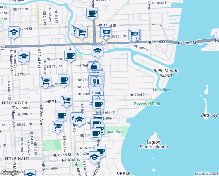 map of restaurants, bars, coffee shops, grocery stores, and more near 7250 Northeast 7th Avenue in Miami