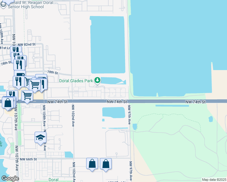map of restaurants, bars, coffee shops, grocery stores, and more near 9825 Northwest 75th Street in Doral