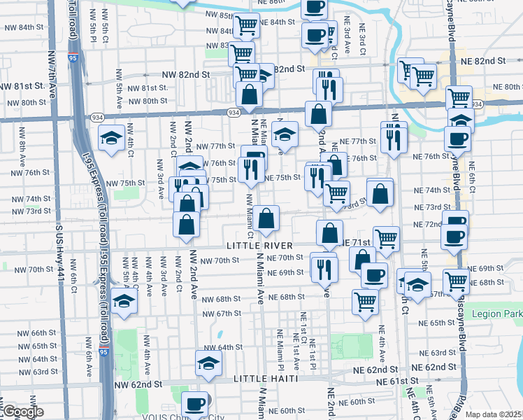 map of restaurants, bars, coffee shops, grocery stores, and more near 725 Northeast 73rd Street in Miami