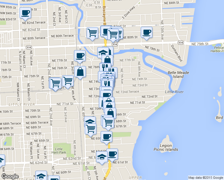 map of restaurants, bars, coffee shops, grocery stores, and more near 7281 Biscayne Boulevard in Miami