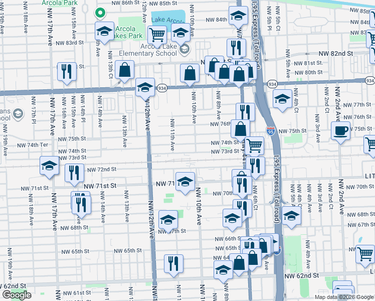map of restaurants, bars, coffee shops, grocery stores, and more near 1041 Northwest 73rd Street in Miami
