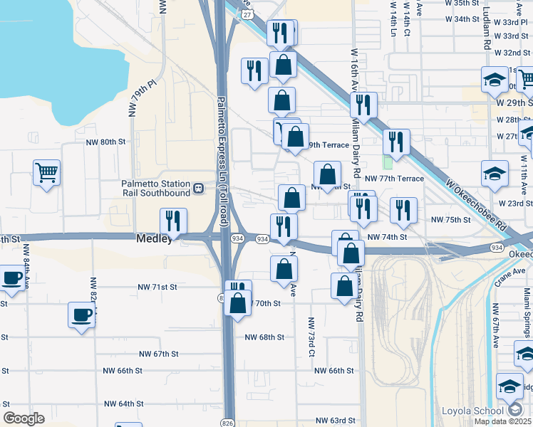 map of restaurants, bars, coffee shops, grocery stores, and more near 7525 Northwest 74th Avenue in Medley