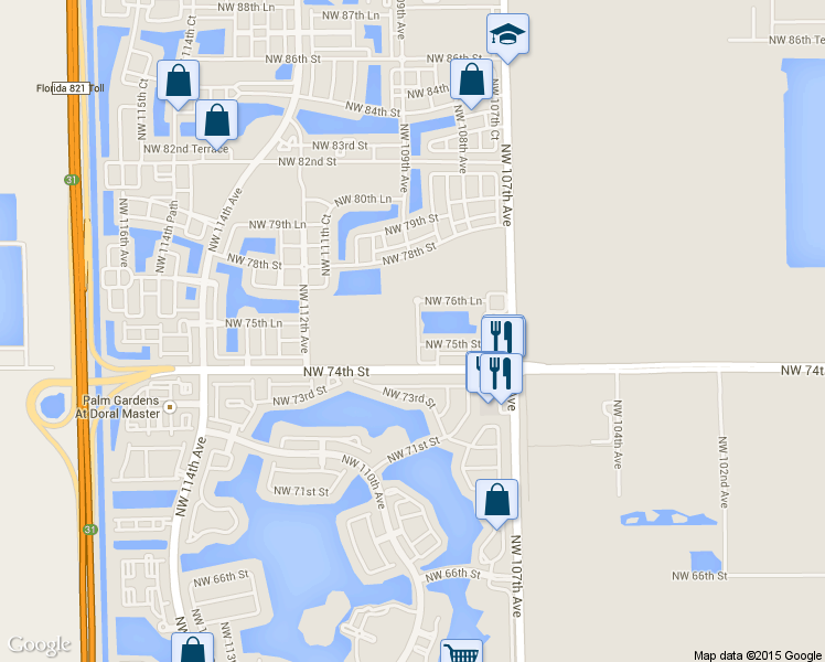 map of restaurants, bars, coffee shops, grocery stores, and more near 7514 Northwest 108th Path in Doral