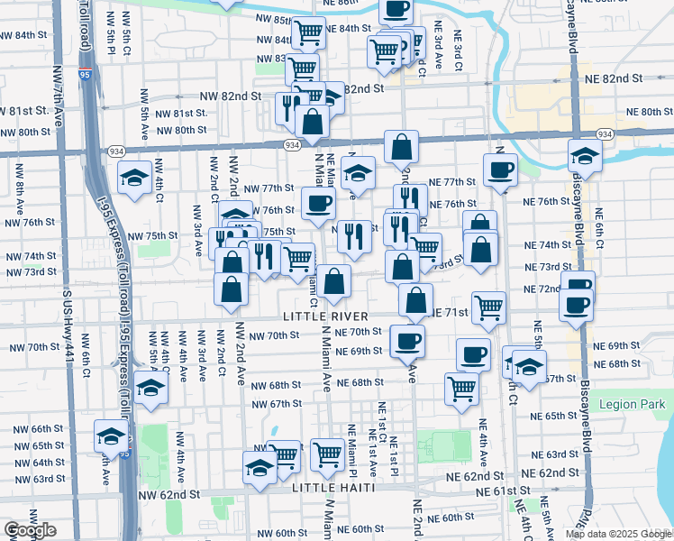 map of restaurants, bars, coffee shops, grocery stores, and more near 7250 Northeast 73rd Street in Miami