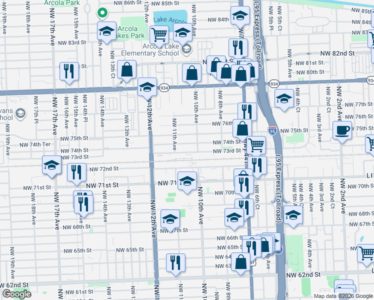 map of restaurants, bars, coffee shops, grocery stores, and more near 1041 Northwest 73rd Street in Miami