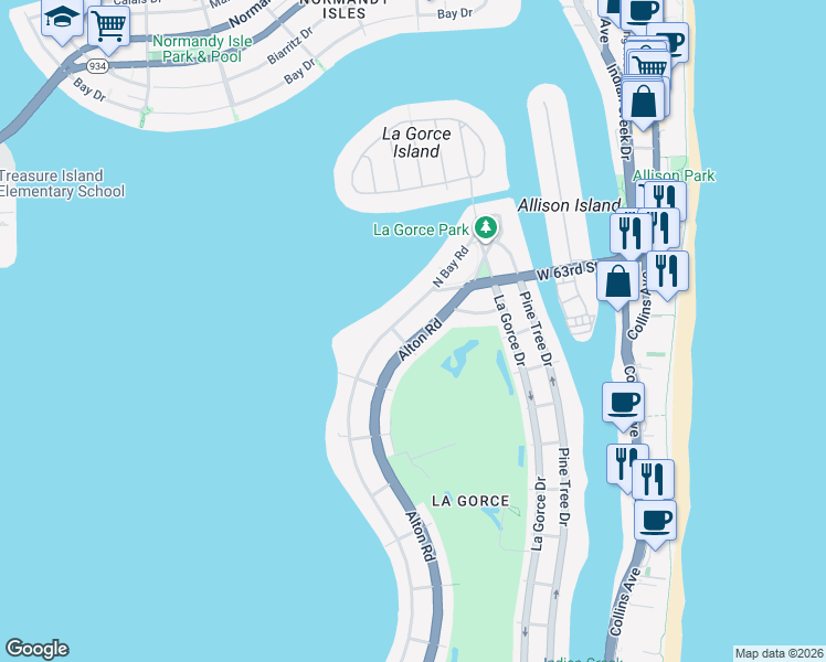 map of restaurants, bars, coffee shops, grocery stores, and more near 6015 North Bay Road in Miami Beach