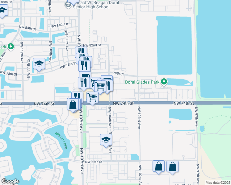 map of restaurants, bars, coffee shops, grocery stores, and more near 7512 Northwest 103rd Court in Doral