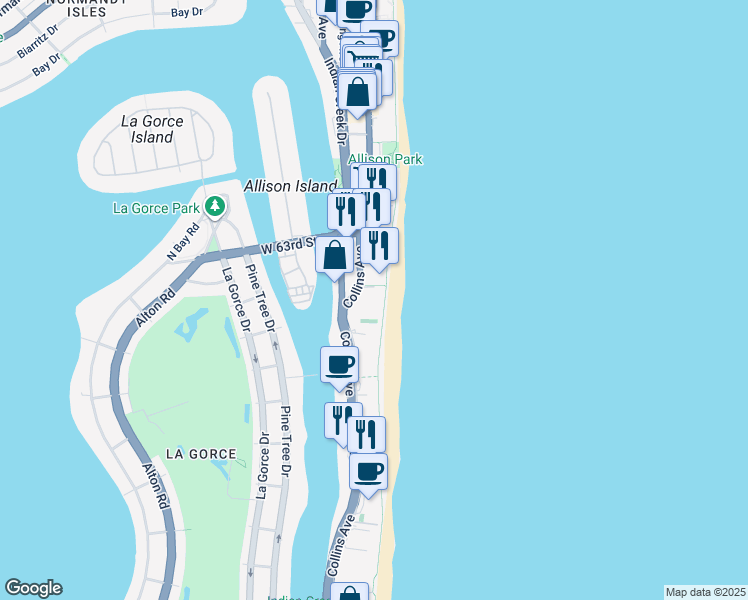 map of restaurants, bars, coffee shops, grocery stores, and more near 5959 Collins Ave in Miami