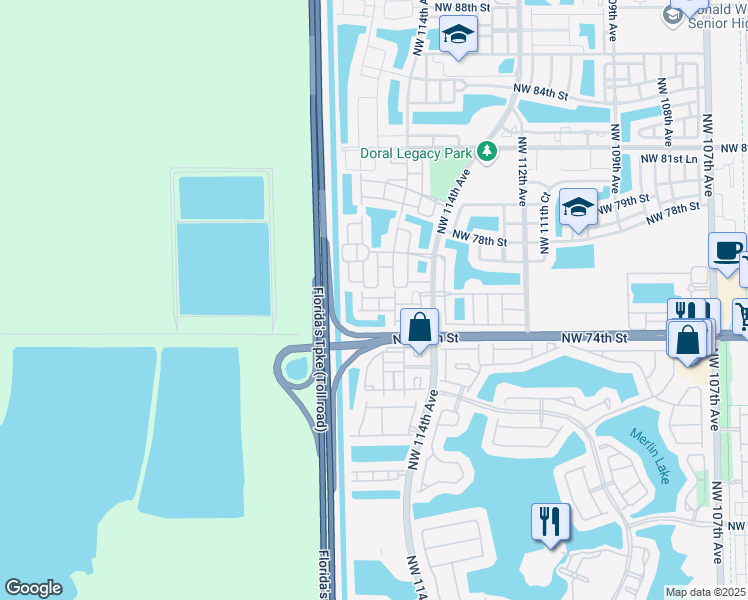map of restaurants, bars, coffee shops, grocery stores, and more near 7490 Northwest 115th Court in Medley