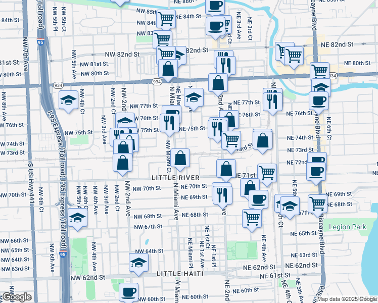 map of restaurants, bars, coffee shops, grocery stores, and more near 7250 Northeast 73rd Street in Miami