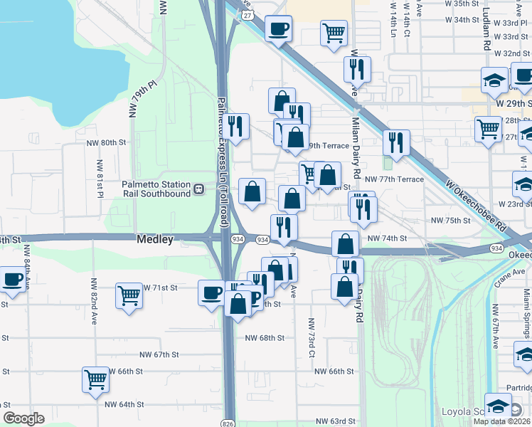 map of restaurants, bars, coffee shops, grocery stores, and more near 7525 Northwest 74th Avenue in Medley