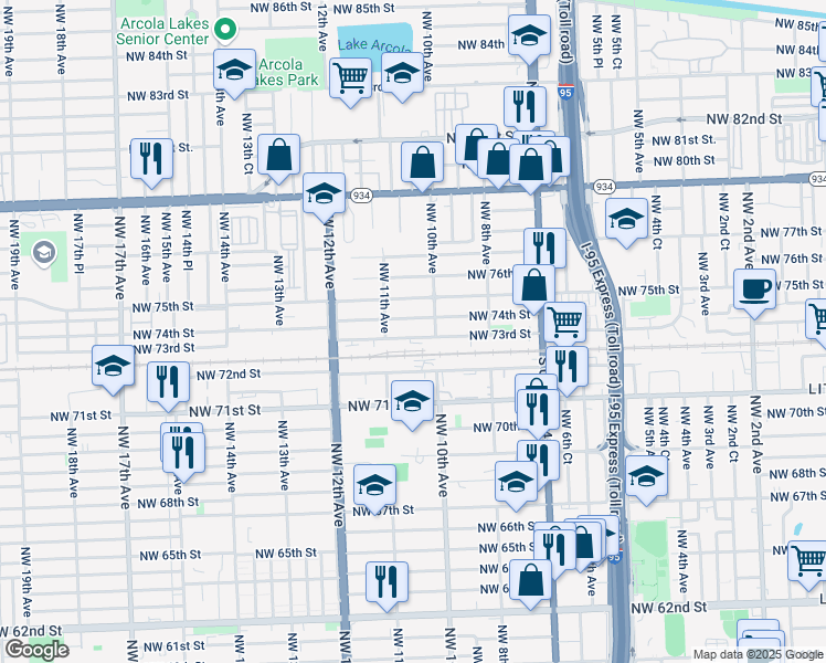 map of restaurants, bars, coffee shops, grocery stores, and more near 1041 Northwest 73rd Street in Miami