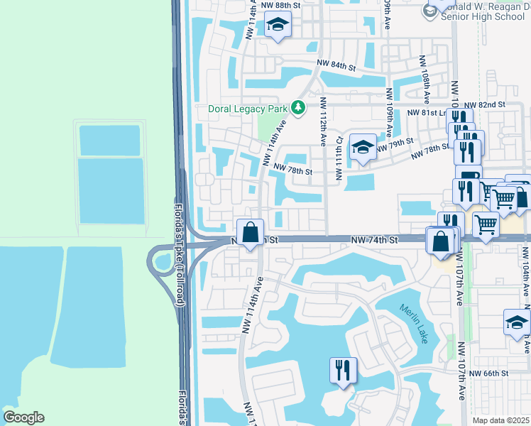 map of restaurants, bars, coffee shops, grocery stores, and more near 7570 Northwest 113th Path in Doral