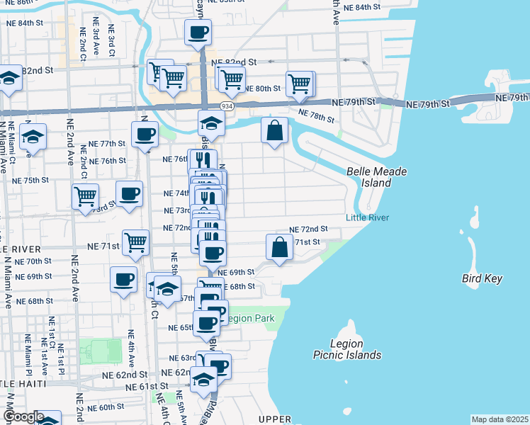 map of restaurants, bars, coffee shops, grocery stores, and more near 741 Northeast 72nd Terrace in Miami