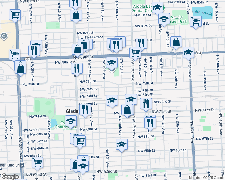 map of restaurants, bars, coffee shops, grocery stores, and more near 1875 Northwest 74th Street in Miami