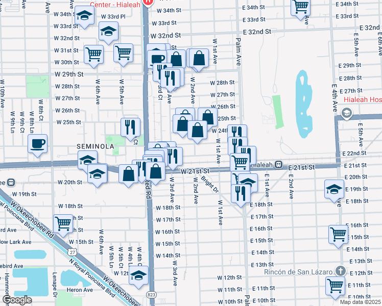 map of restaurants, bars, coffee shops, grocery stores, and more near 23 West 2nd Avenue in Hialeah
