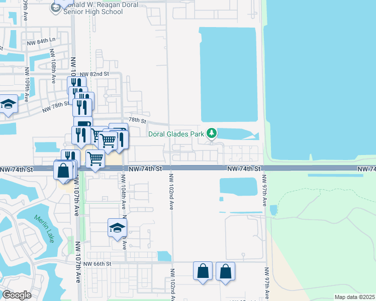 map of restaurants, bars, coffee shops, grocery stores, and more near 10055 Northwest 75th Street in Doral