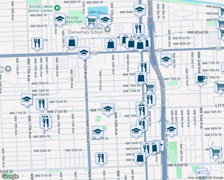 map of restaurants, bars, coffee shops, grocery stores, and more near 1041 Northwest 73rd Street in Miami