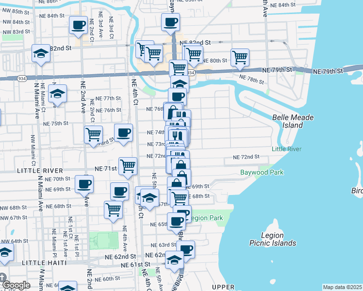 map of restaurants, bars, coffee shops, grocery stores, and more near 7281 Biscayne Boulevard in Miami