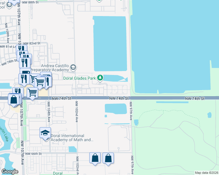map of restaurants, bars, coffee shops, grocery stores, and more near 7509 Northwest 99 Avenue in Doral