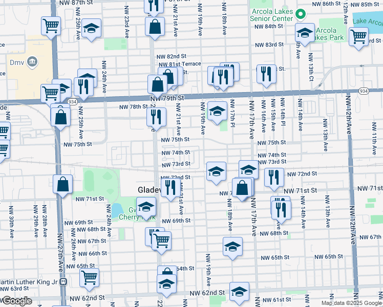 map of restaurants, bars, coffee shops, grocery stores, and more near 1932 Northwest 74th Street in Miami