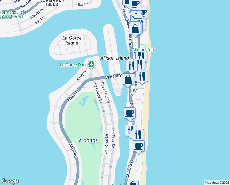 map of restaurants, bars, coffee shops, grocery stores, and more near 6001 Laguna Drive West in Miami Beach