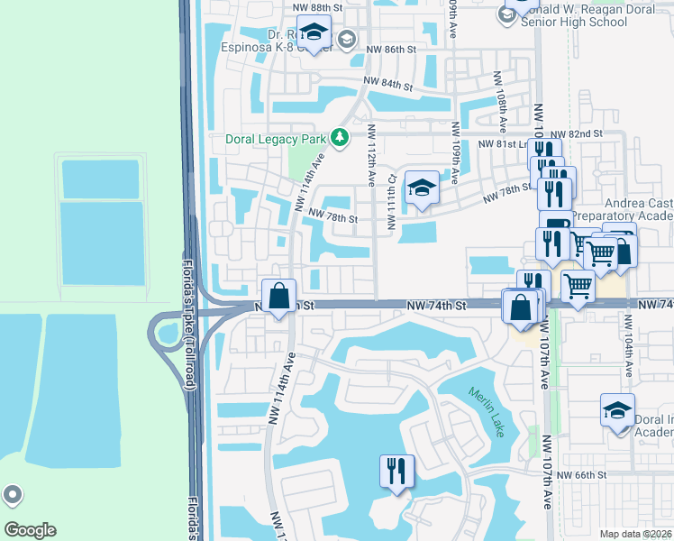 map of restaurants, bars, coffee shops, grocery stores, and more near 11284 Northwest 75th Lane in Medley