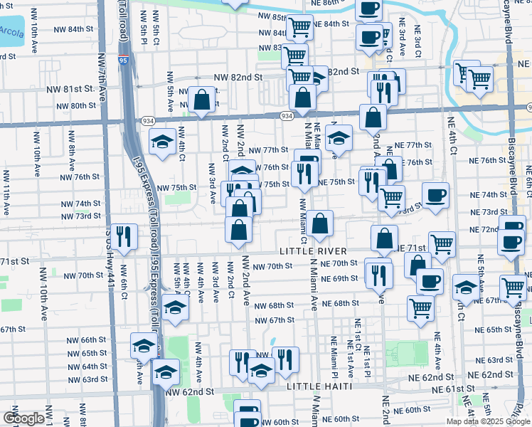 map of restaurants, bars, coffee shops, grocery stores, and more near 150 Northwest 73rd Street in Miami
