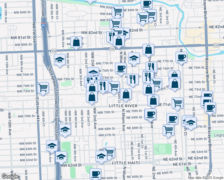 map of restaurants, bars, coffee shops, grocery stores, and more near 7252 Northwest Miami Court in Miami
