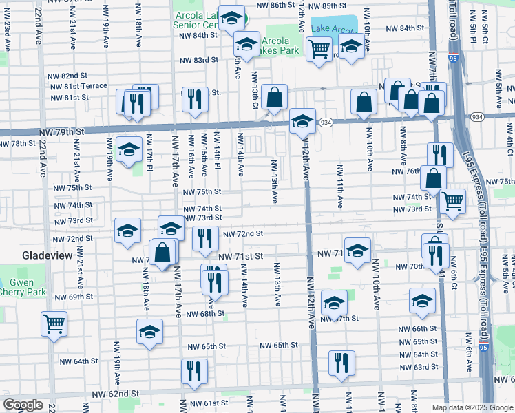 map of restaurants, bars, coffee shops, grocery stores, and more near 1361 Northwest 74th Street in Miami