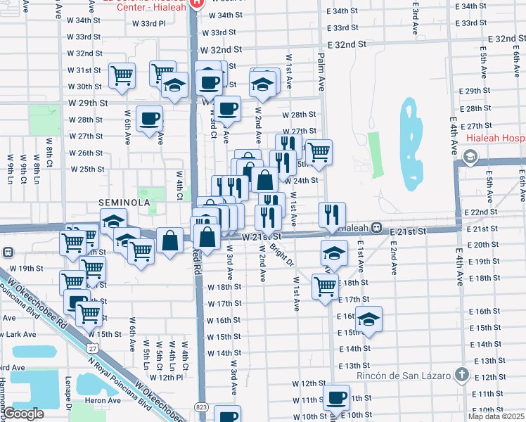 map of restaurants, bars, coffee shops, grocery stores, and more near 23 West 2nd Avenue in Hialeah