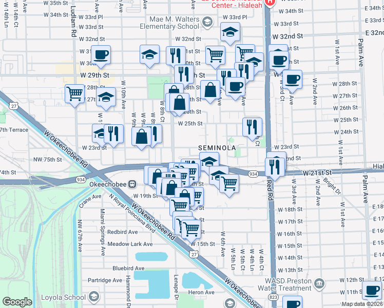 map of restaurants, bars, coffee shops, grocery stores, and more near 691 West 22nd Street in Hialeah