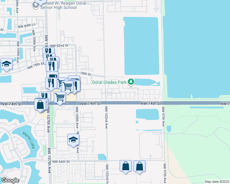 map of restaurants, bars, coffee shops, grocery stores, and more near 10061 Northwest 75th Street in Doral
