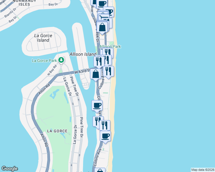 map of restaurants, bars, coffee shops, grocery stores, and more near 5959 Collins Ave in Miami
