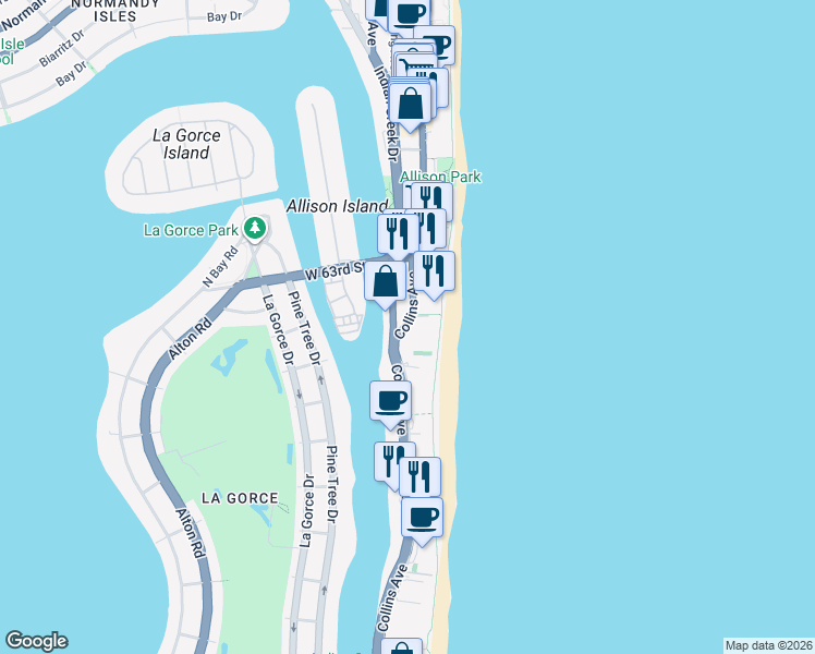 map of restaurants, bars, coffee shops, grocery stores, and more near 5959 Collins Avenue in Miami Beach