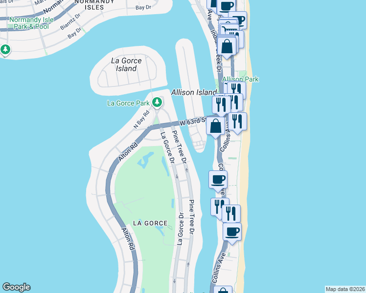 map of restaurants, bars, coffee shops, grocery stores, and more near 6001 Laguna Drive West in Miami Beach