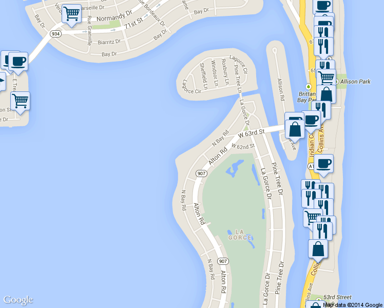 map of restaurants, bars, coffee shops, grocery stores, and more near 5970 North Bay Road in Miami Beach