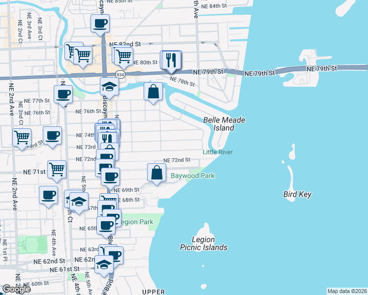 map of restaurants, bars, coffee shops, grocery stores, and more near 901 Northeast 72nd Terrace in Miami