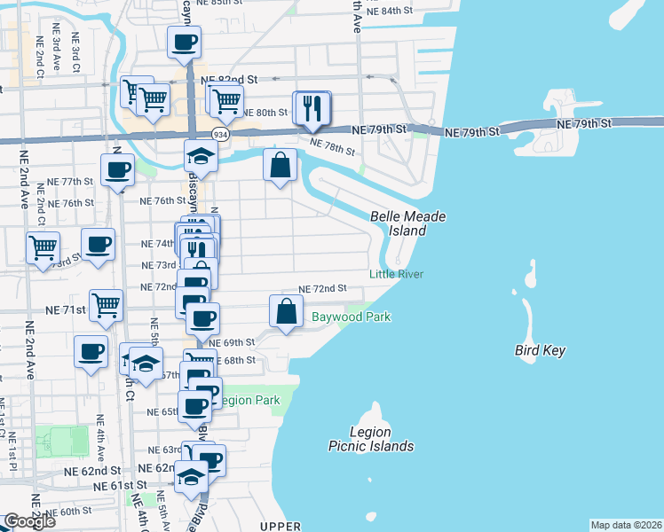 map of restaurants, bars, coffee shops, grocery stores, and more near 901 Northeast 72nd Terrace in Miami