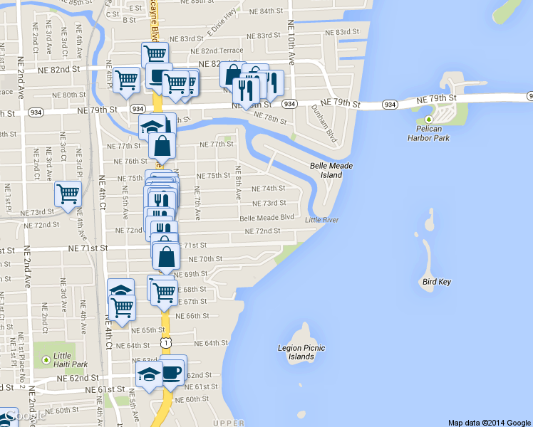 map of restaurants, bars, coffee shops, grocery stores, and more near 881 Northeast 72nd Terrace in Miami
